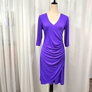 Argenti Purple Layered Faux Wrap‎ Womens Midi Dress Size 10 Side Ruching